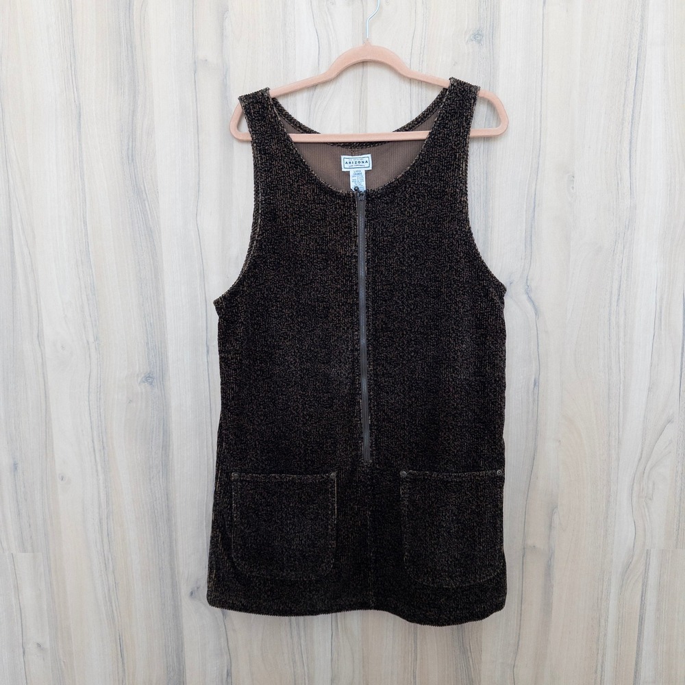 Vintage Arizona Womens Jumper Dress L Brown Corduroy Front Zip 90s Retro Earthy
